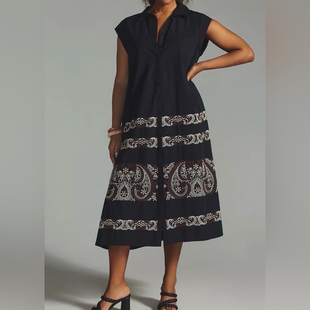 Anthropologie Cap-Sleeve Black Paisley Midi Shirt Dress Size XS Embroidered